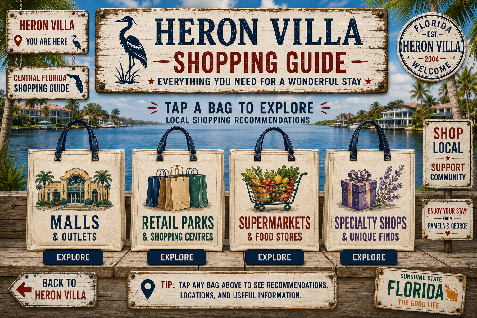 Heron Villa Central Florida Shopping Guide. Click a tote bag to explore shopping information.